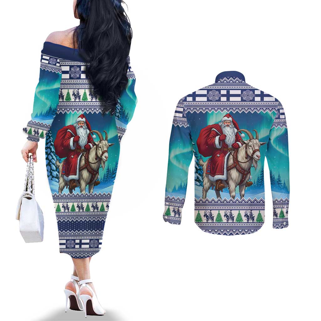 Finland Joulupukki Christmas Couples Matching Off The Shoulder Long Sleeve Dress and Long Sleeve Button Shirt Riding the Yule Goat - Wonder Print Shop