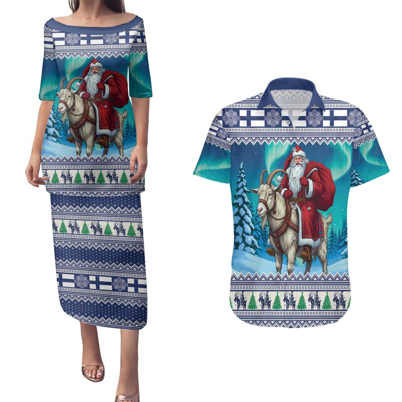Finland Joulupukki Christmas Couples Matching Puletasi and Hawaiian Shirt Riding the Yule Goat - Wonder Print Shop