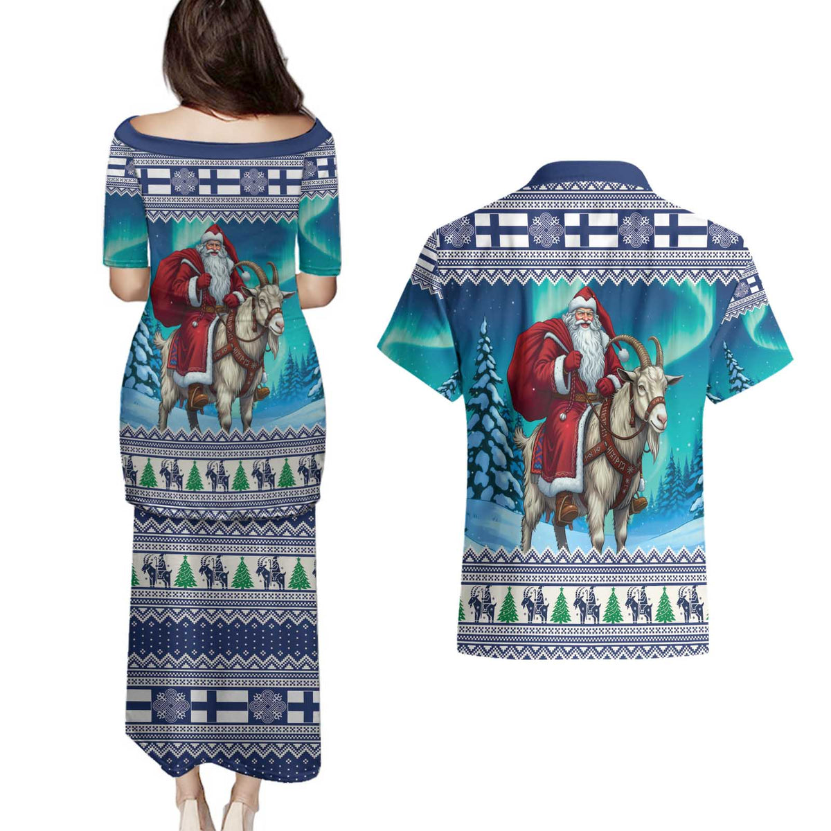 Finland Joulupukki Christmas Couples Matching Puletasi and Hawaiian Shirt Riding the Yule Goat - Wonder Print Shop
