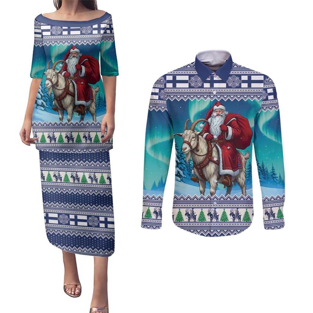 Finland Joulupukki Christmas Couples Matching Puletasi and Long Sleeve Button Shirt Riding the Yule Goat - Wonder Print Shop