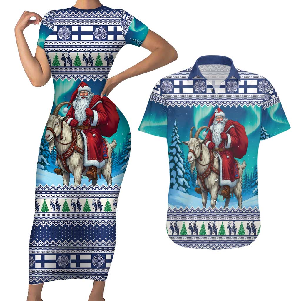 Finland Joulupukki Christmas Couples Matching Short Sleeve Bodycon Dress and Hawaiian Shirt Riding the Yule Goat - Wonder Print Shop