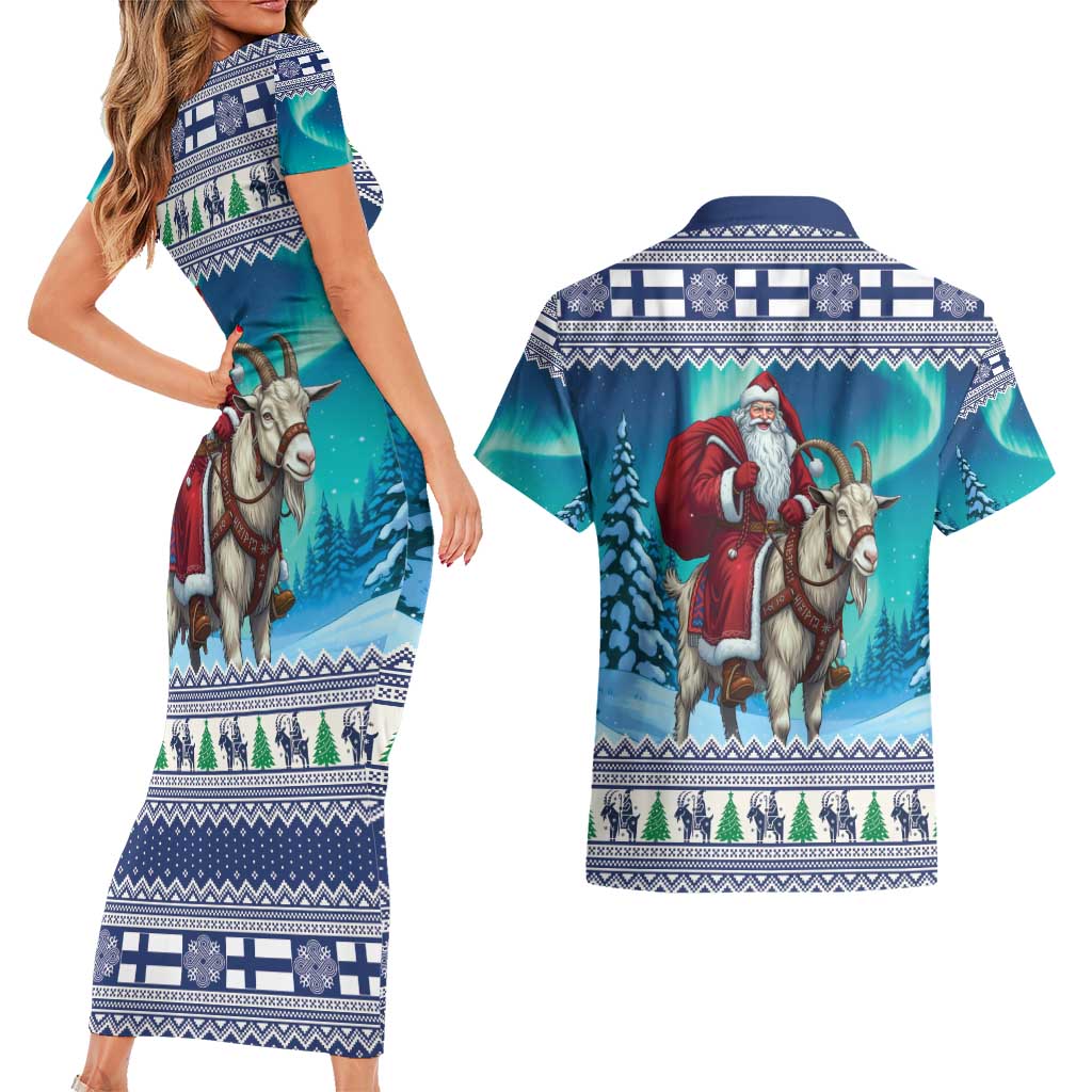 Finland Joulupukki Christmas Couples Matching Short Sleeve Bodycon Dress and Hawaiian Shirt Riding the Yule Goat - Wonder Print Shop
