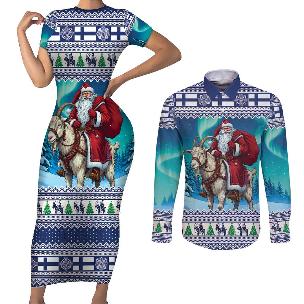 Finland Joulupukki Christmas Couples Matching Short Sleeve Bodycon Dress and Long Sleeve Button Shirt Riding the Yule Goat - Wonder Print Shop