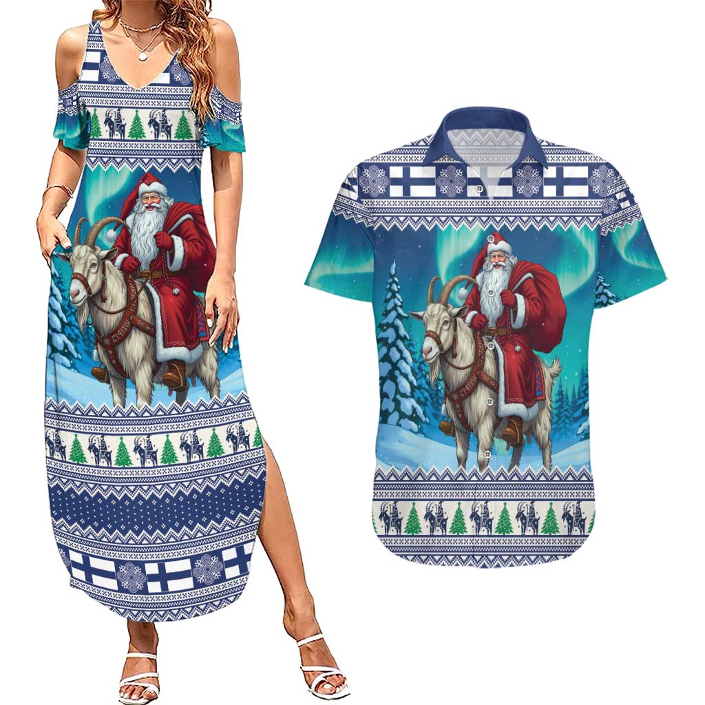 Finland Joulupukki Christmas Couples Matching Summer Maxi Dress and Hawaiian Shirt Riding the Yule Goat - Wonder Print Shop
