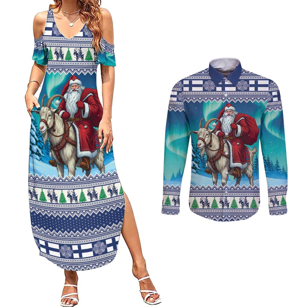 Finland Joulupukki Christmas Couples Matching Summer Maxi Dress and Long Sleeve Button Shirt Riding the Yule Goat - Wonder Print Shop