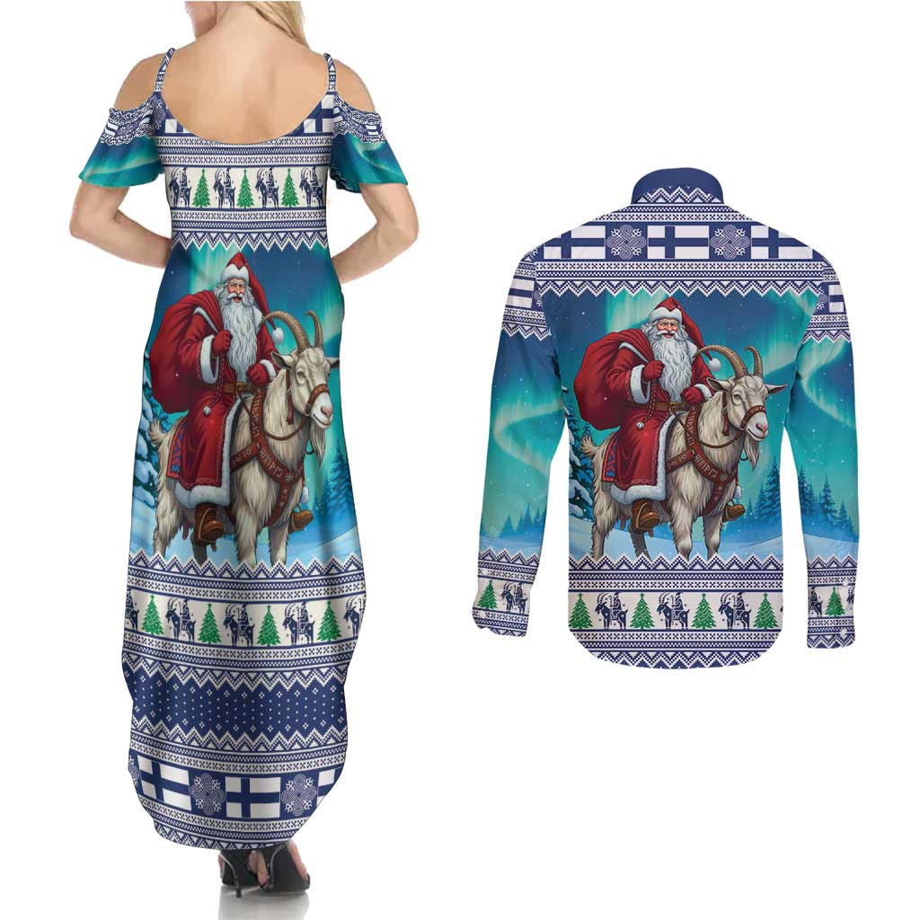 Finland Joulupukki Christmas Couples Matching Summer Maxi Dress and Long Sleeve Button Shirt Riding the Yule Goat - Wonder Print Shop