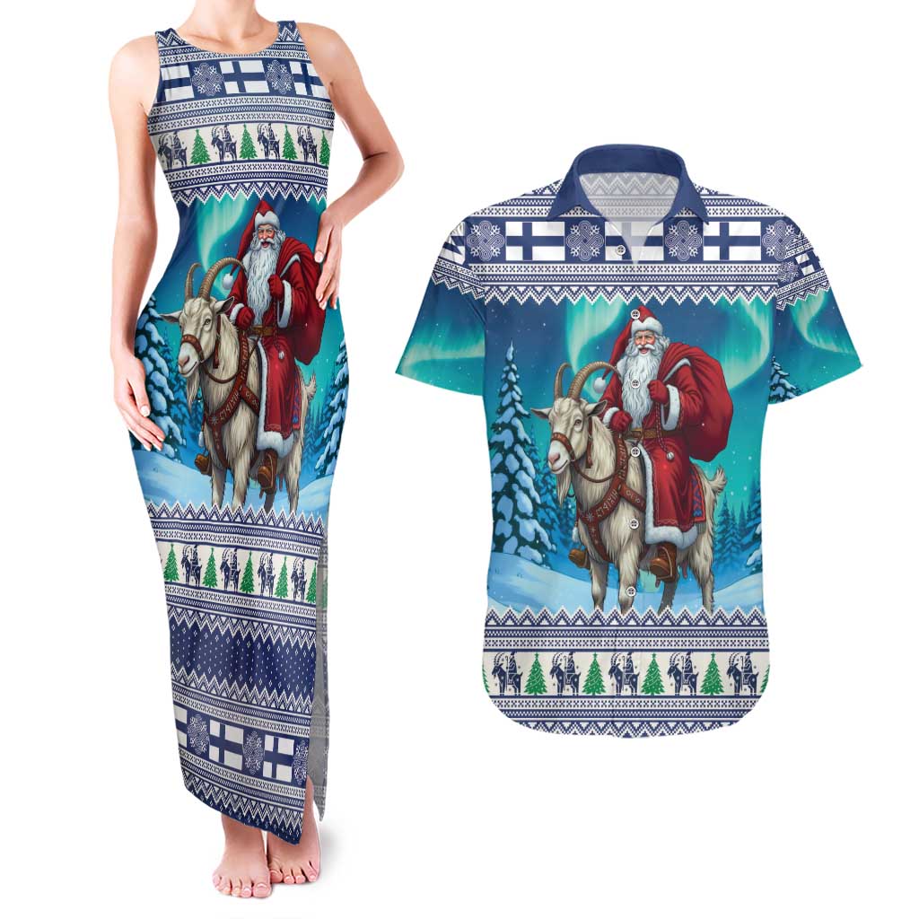 Finland Joulupukki Christmas Couples Matching Tank Maxi Dress and Hawaiian Shirt Riding the Yule Goat - Wonder Print Shop