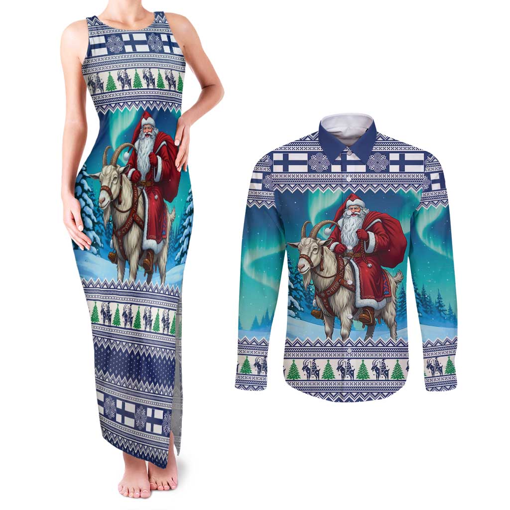 Finland Joulupukki Christmas Couples Matching Tank Maxi Dress and Long Sleeve Button Shirt Riding the Yule Goat - Wonder Print Shop