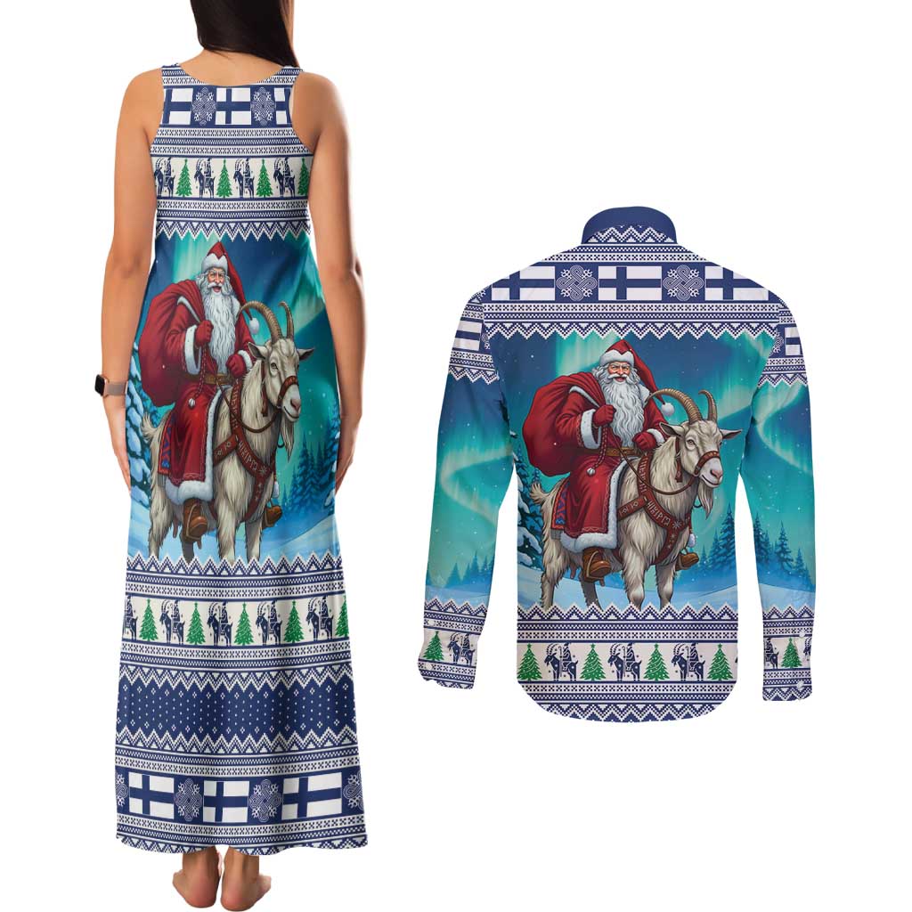 Finland Joulupukki Christmas Couples Matching Tank Maxi Dress and Long Sleeve Button Shirt Riding the Yule Goat - Wonder Print Shop