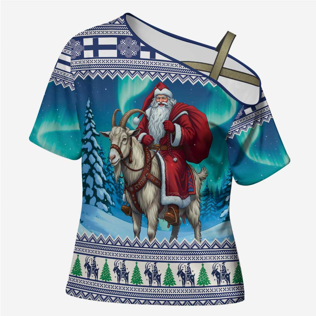Finland Joulupukki Christmas Cross Shoulder Shirt Riding the Yule Goat - Wonder Print Shop