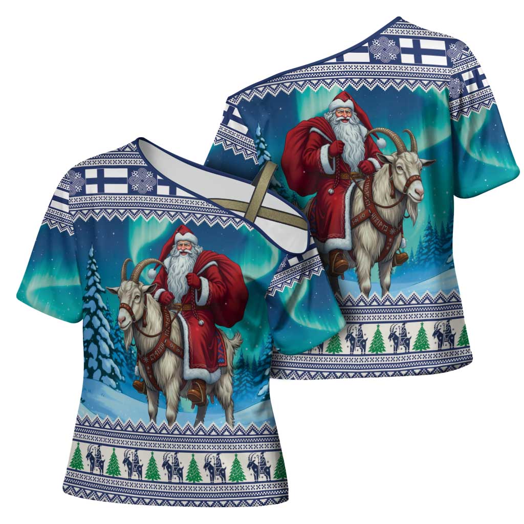 Finland Joulupukki Christmas Cross Shoulder Shirt Riding the Yule Goat - Wonder Print Shop