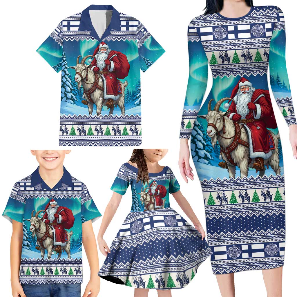 Finland Joulupukki Christmas Family Matching Long Sleeve Bodycon Dress and Hawaiian Shirt Riding the Yule Goat - Wonder Print Shop