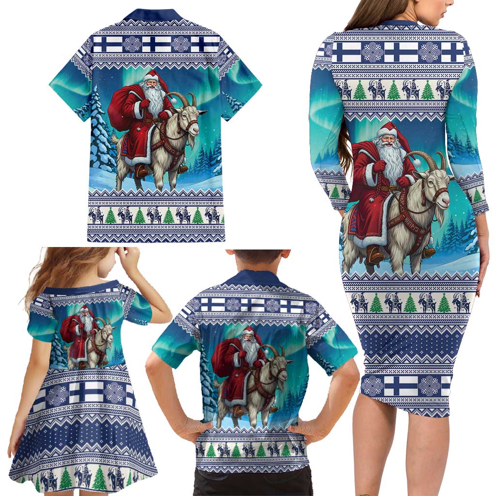 Finland Joulupukki Christmas Family Matching Long Sleeve Bodycon Dress and Hawaiian Shirt Riding the Yule Goat - Wonder Print Shop