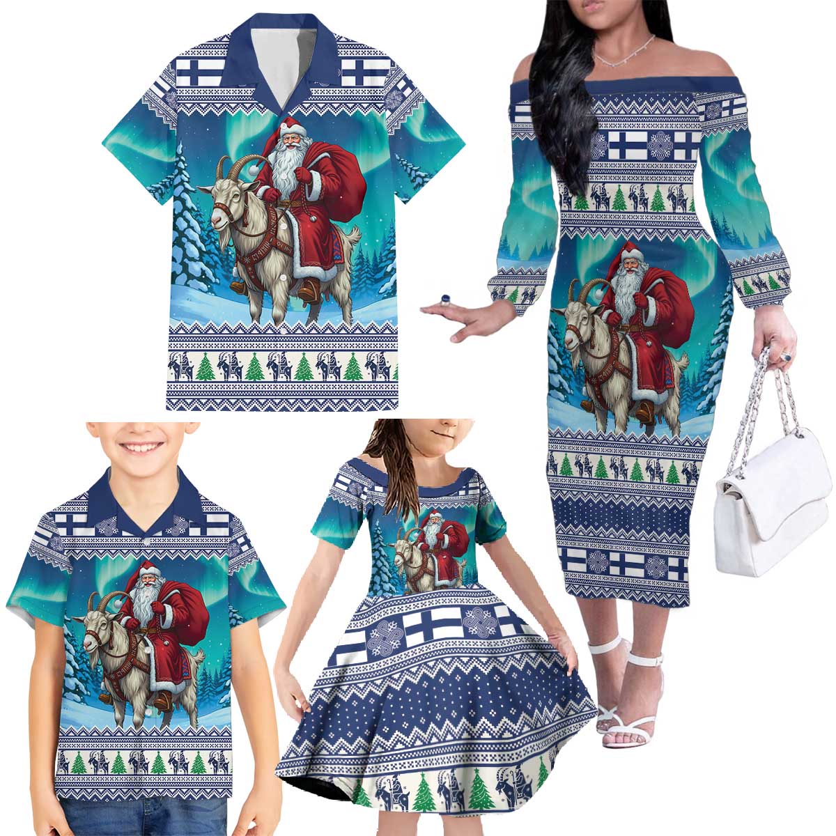 Finland Joulupukki Christmas Family Matching Off The Shoulder Long Sleeve Dress and Hawaiian Shirt Riding the Yule Goat - Wonder Print Shop