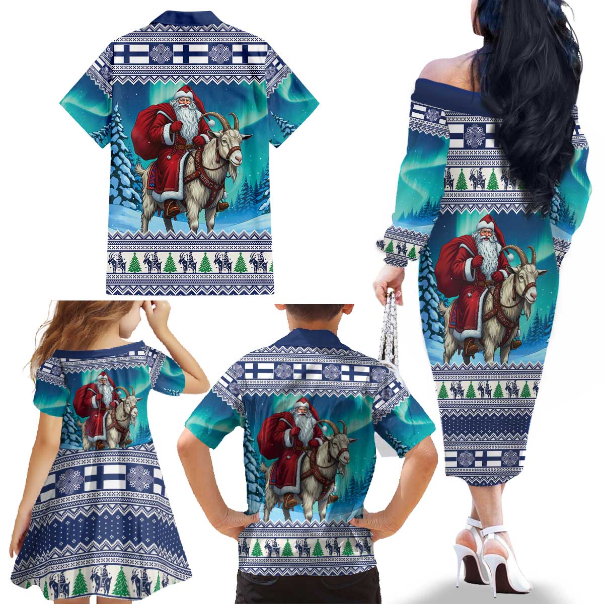 Finland Joulupukki Christmas Family Matching Off The Shoulder Long Sleeve Dress and Hawaiian Shirt Riding the Yule Goat - Wonder Print Shop