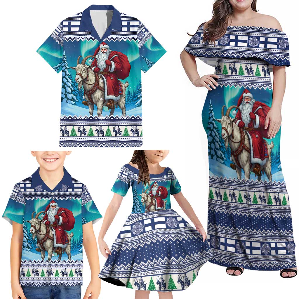 Finland Joulupukki Christmas Family Matching Off Shoulder Maxi Dress and Hawaiian Shirt Riding the Yule Goat - Wonder Print Shop