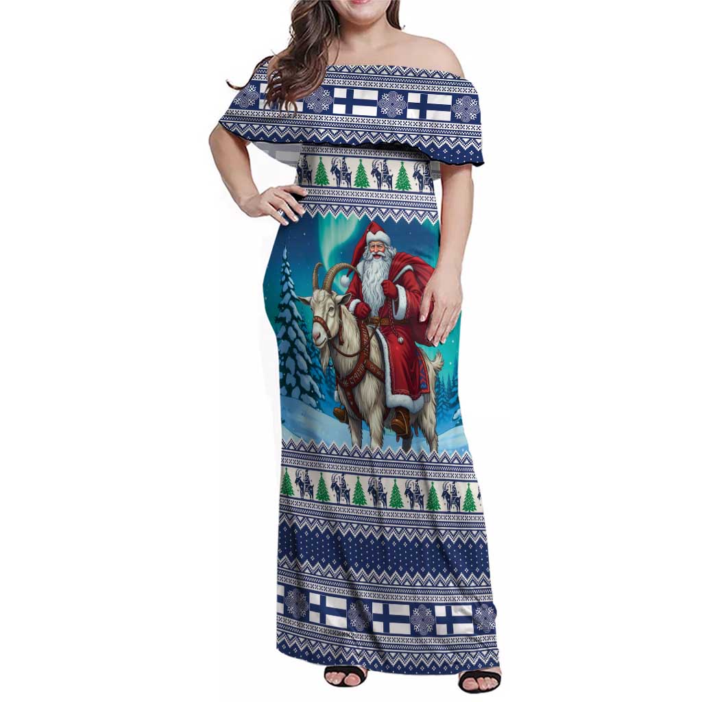Finland Joulupukki Christmas Family Matching Off Shoulder Maxi Dress and Hawaiian Shirt Riding the Yule Goat - Wonder Print Shop
