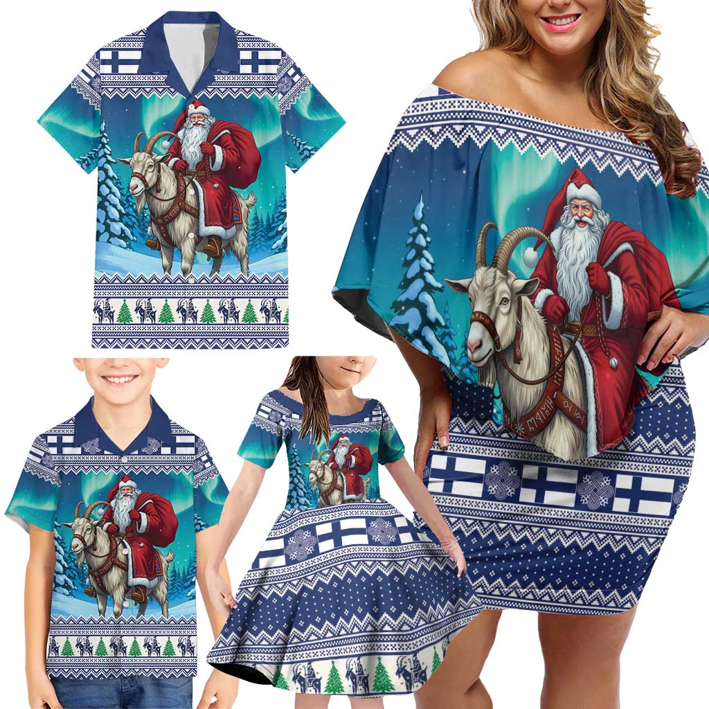 Finland Joulupukki Christmas Family Matching Off Shoulder Short Dress and Hawaiian Shirt Riding the Yule Goat - Wonder Print Shop