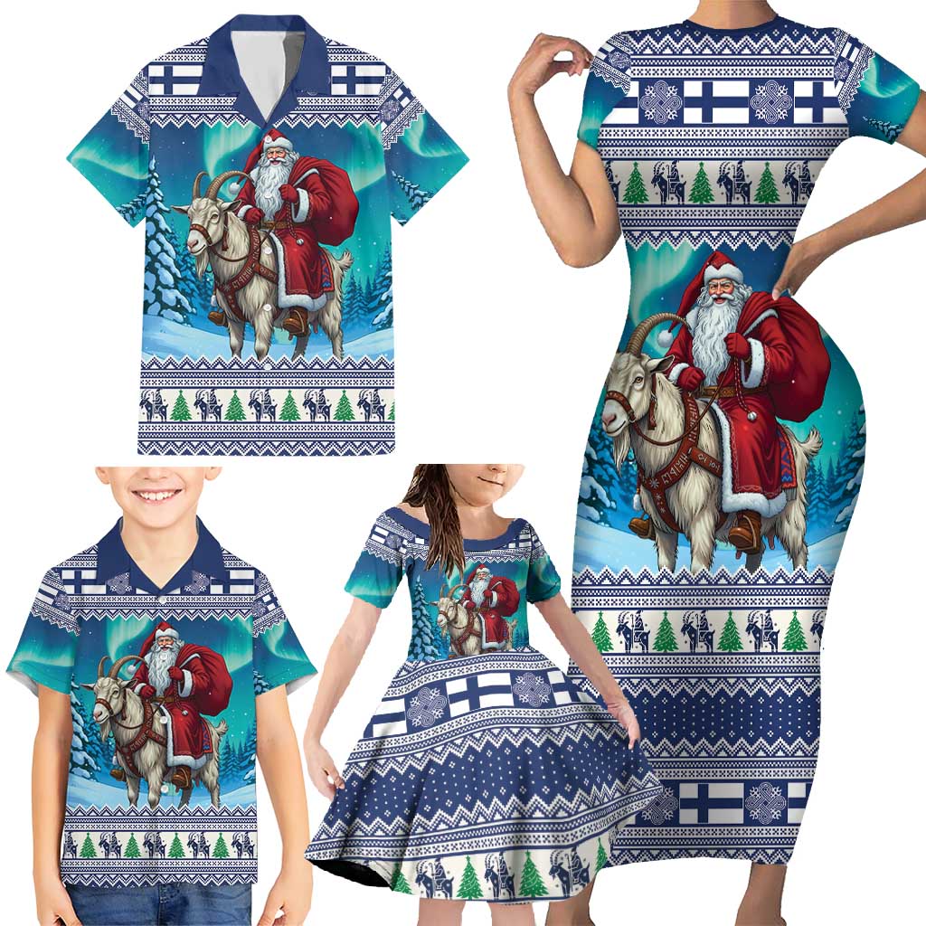 Finland Joulupukki Christmas Family Matching Short Sleeve Bodycon Dress and Hawaiian Shirt Riding the Yule Goat - Wonder Print Shop