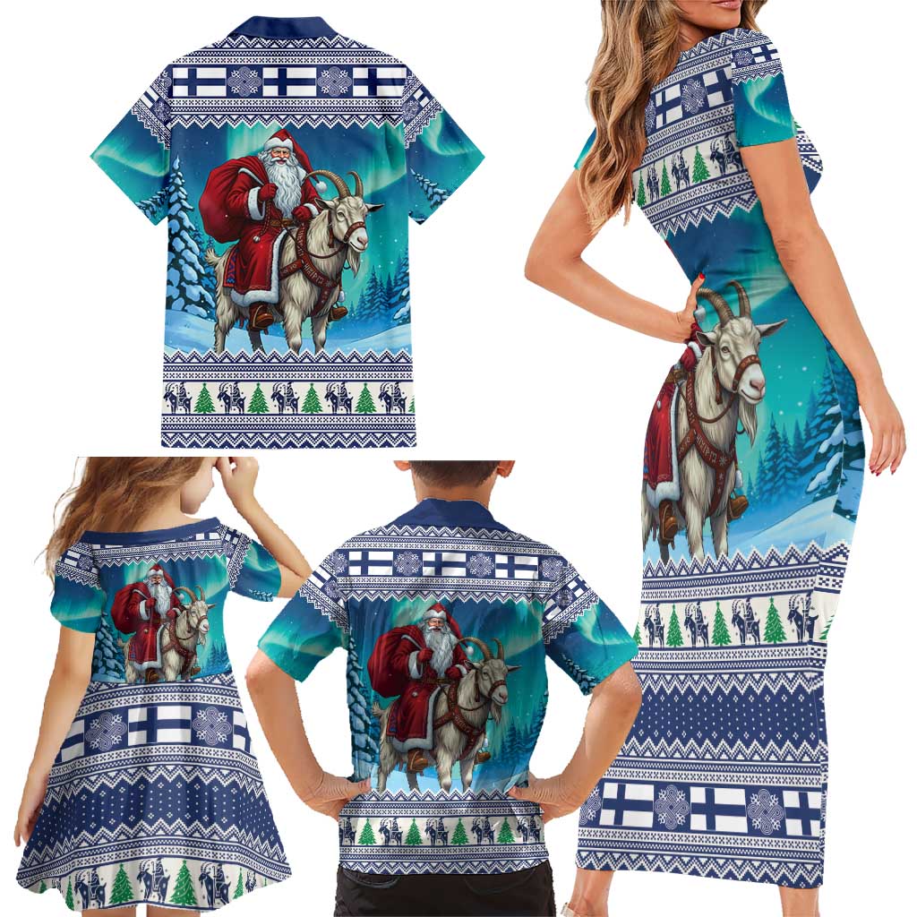 Finland Joulupukki Christmas Family Matching Short Sleeve Bodycon Dress and Hawaiian Shirt Riding the Yule Goat - Wonder Print Shop