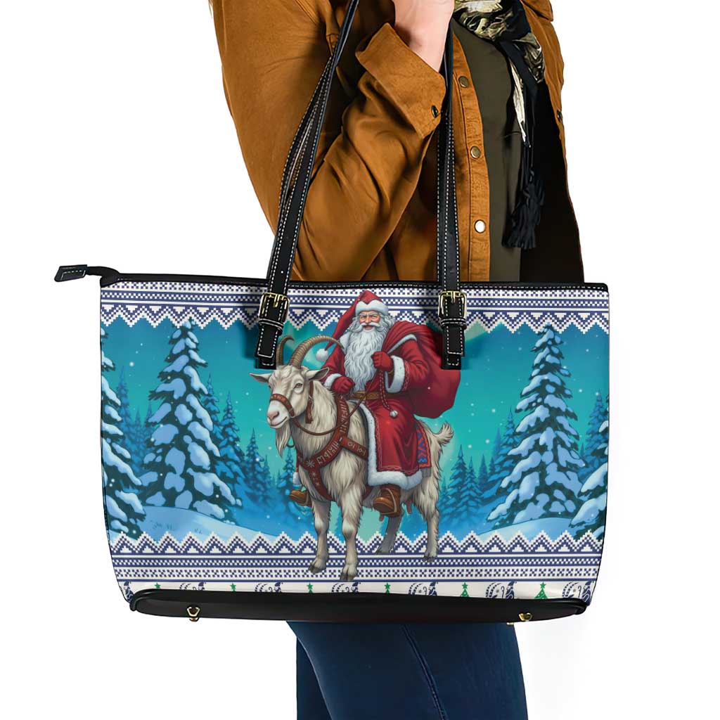 Finland Joulupukki Christmas Leather Tote Bag Riding the Yule Goat - Wonder Print Shop