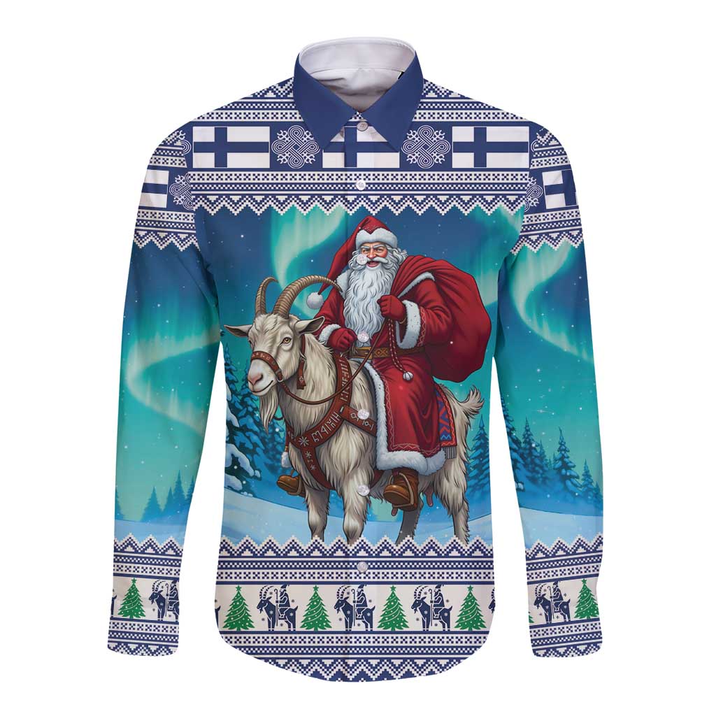 Finland Joulupukki Christmas Long Sleeve Button Shirt Riding the Yule Goat - Wonder Print Shop