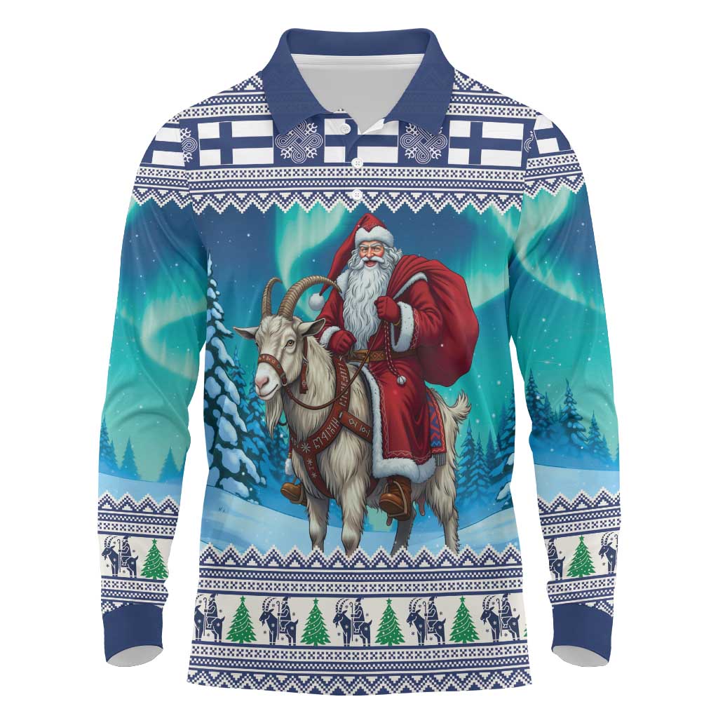 Finland Joulupukki Christmas Long Sleeve Polo Shirt Riding the Yule Goat - Wonder Print Shop