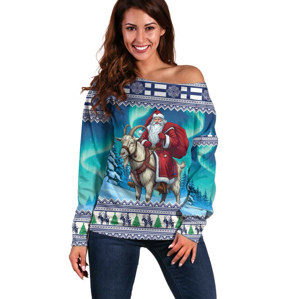 Finland Joulupukki Christmas Off Shoulder Sweater Riding the Yule Goat - Wonder Print Shop