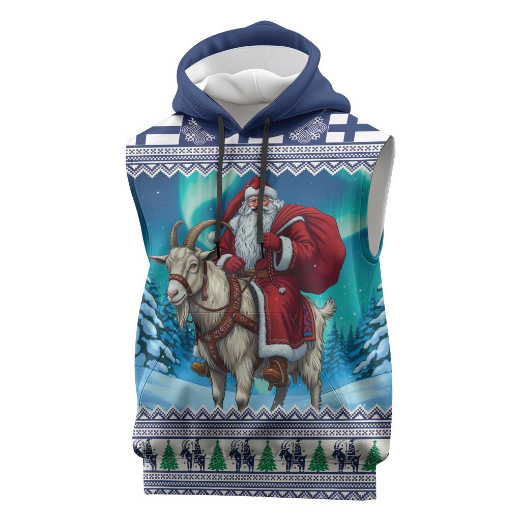 Finland Joulupukki Christmas Sleeveless Hoodie Riding the Yule Goat - Wonder Print Shop