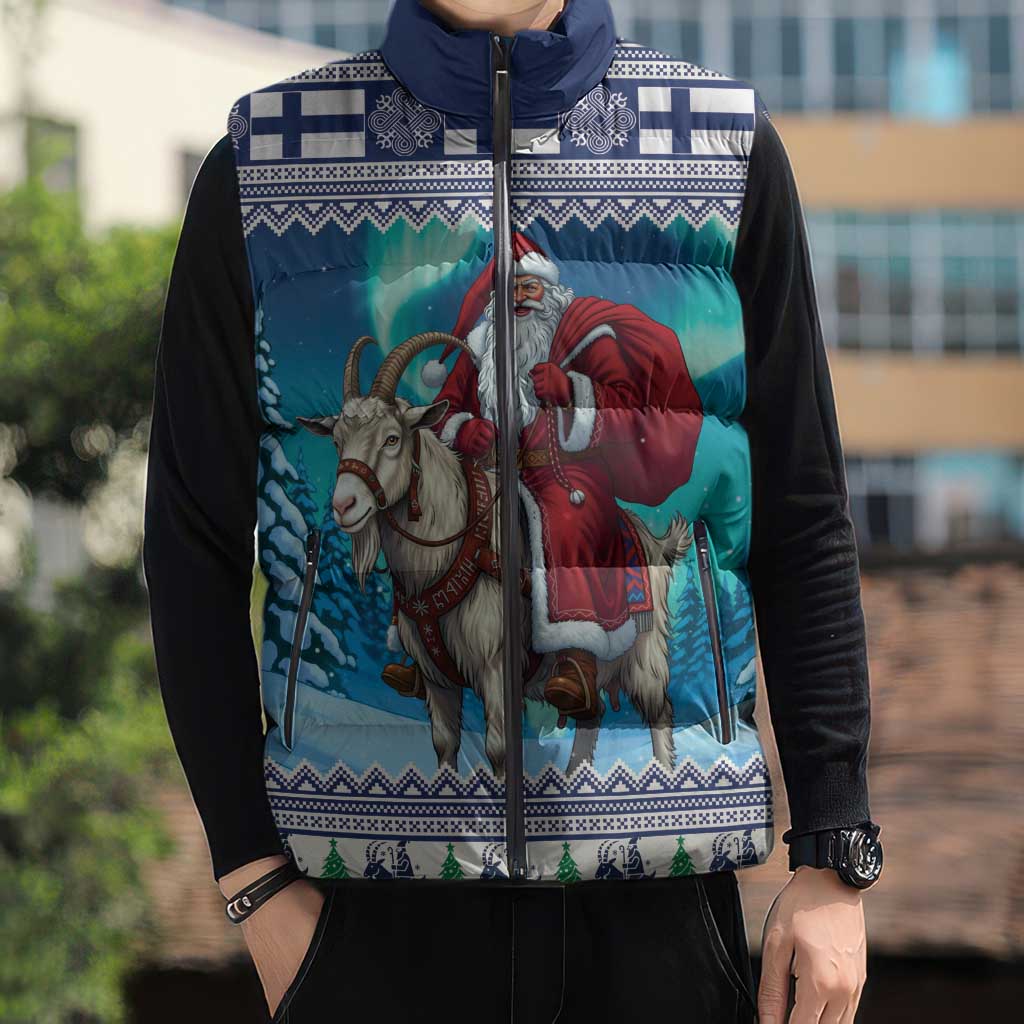 Finland Joulupukki Christmas Sleeveless Puffer Jacket Riding the Yule Goat - Wonder Print Shop