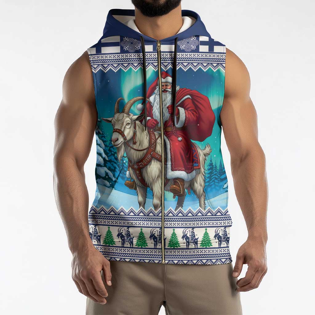 Finland Joulupukki Christmas Sleeveless Zip Hoodie Riding the Yule Goat - Wonder Print Shop