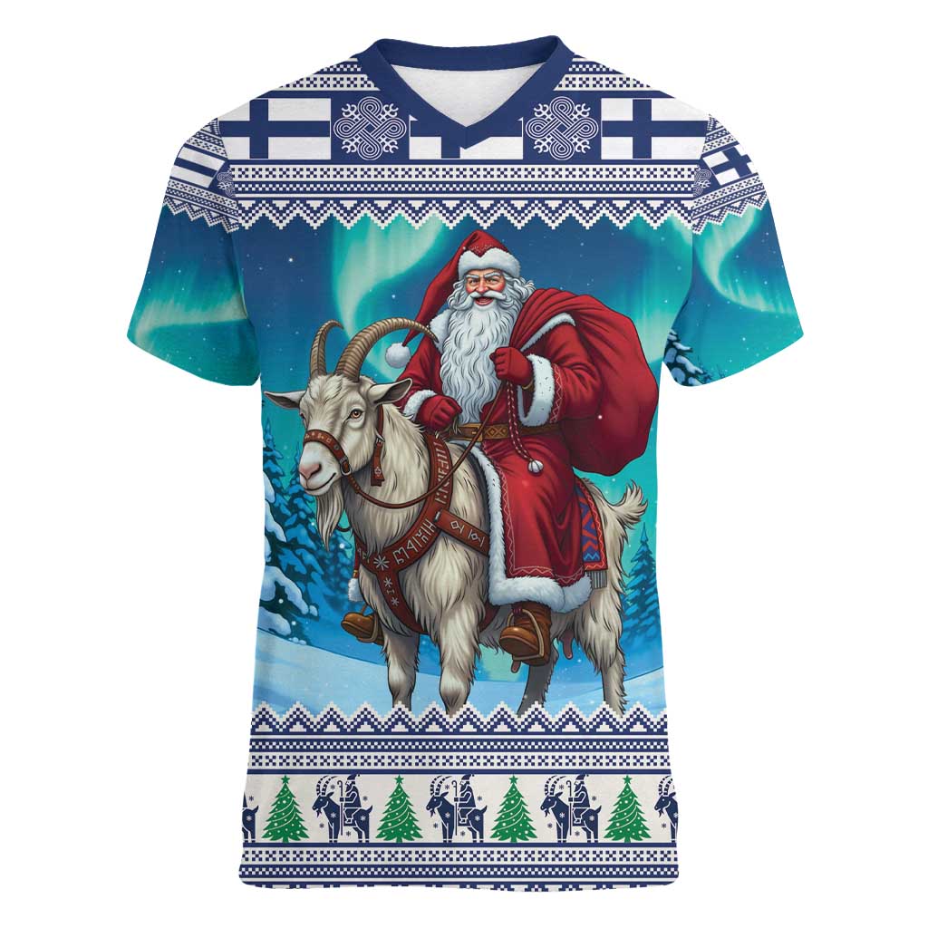 Finland Joulupukki Christmas Women V-Neck T-Shirt Riding the Yule Goat - Wonder Print Shop