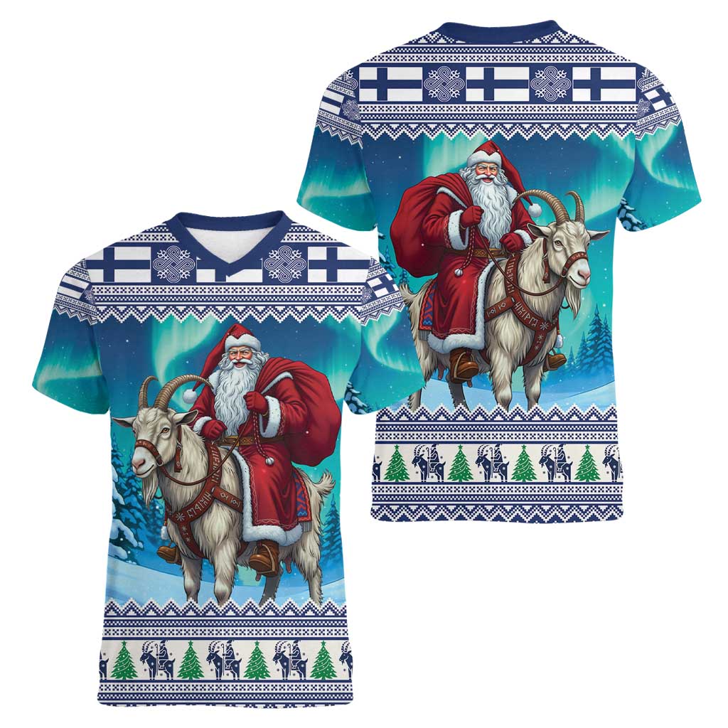 Finland Joulupukki Christmas Women V-Neck T-Shirt Riding the Yule Goat - Wonder Print Shop