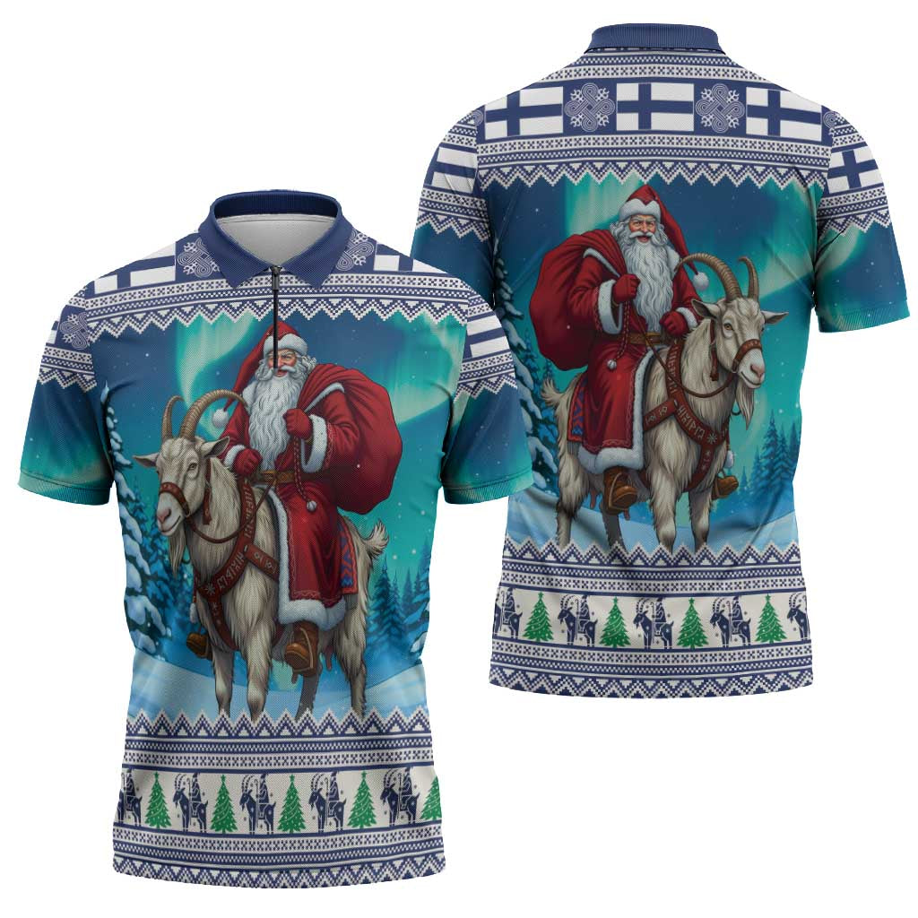 Finland Joulupukki Christmas Zipper Polo Shirt Riding the Yule Goat - Wonder Print Shop