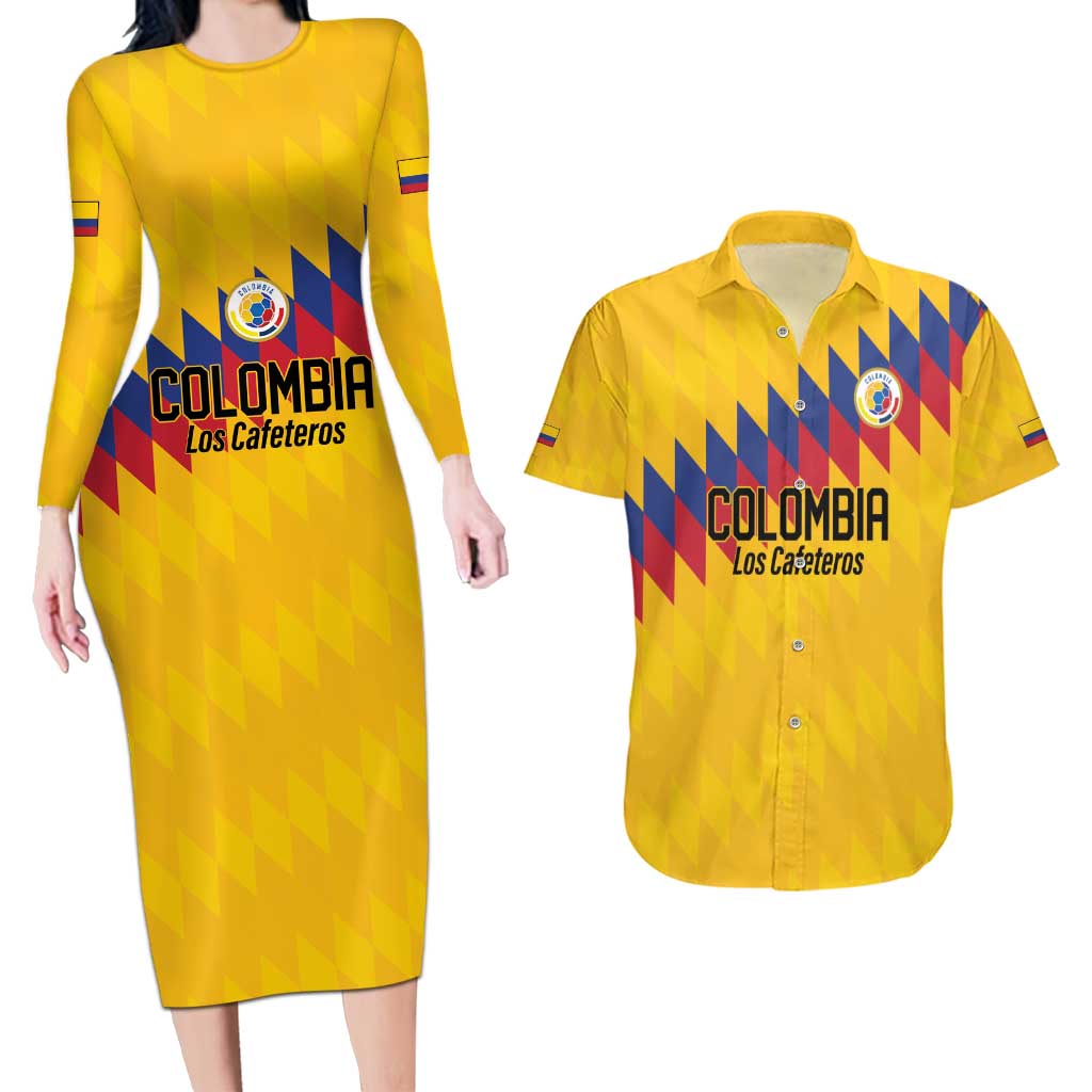 Custom World Football 2026 Colombia Couples Matching Long Sleeve Bodycon Dress and Hawaiian Shirt Vamos Los Cafeteros - Wonder Print Shop