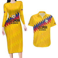 Custom World Football 2026 Colombia Couples Matching Long Sleeve Bodycon Dress and Hawaiian Shirt Vamos Los Cafeteros - Wonder Print Shop