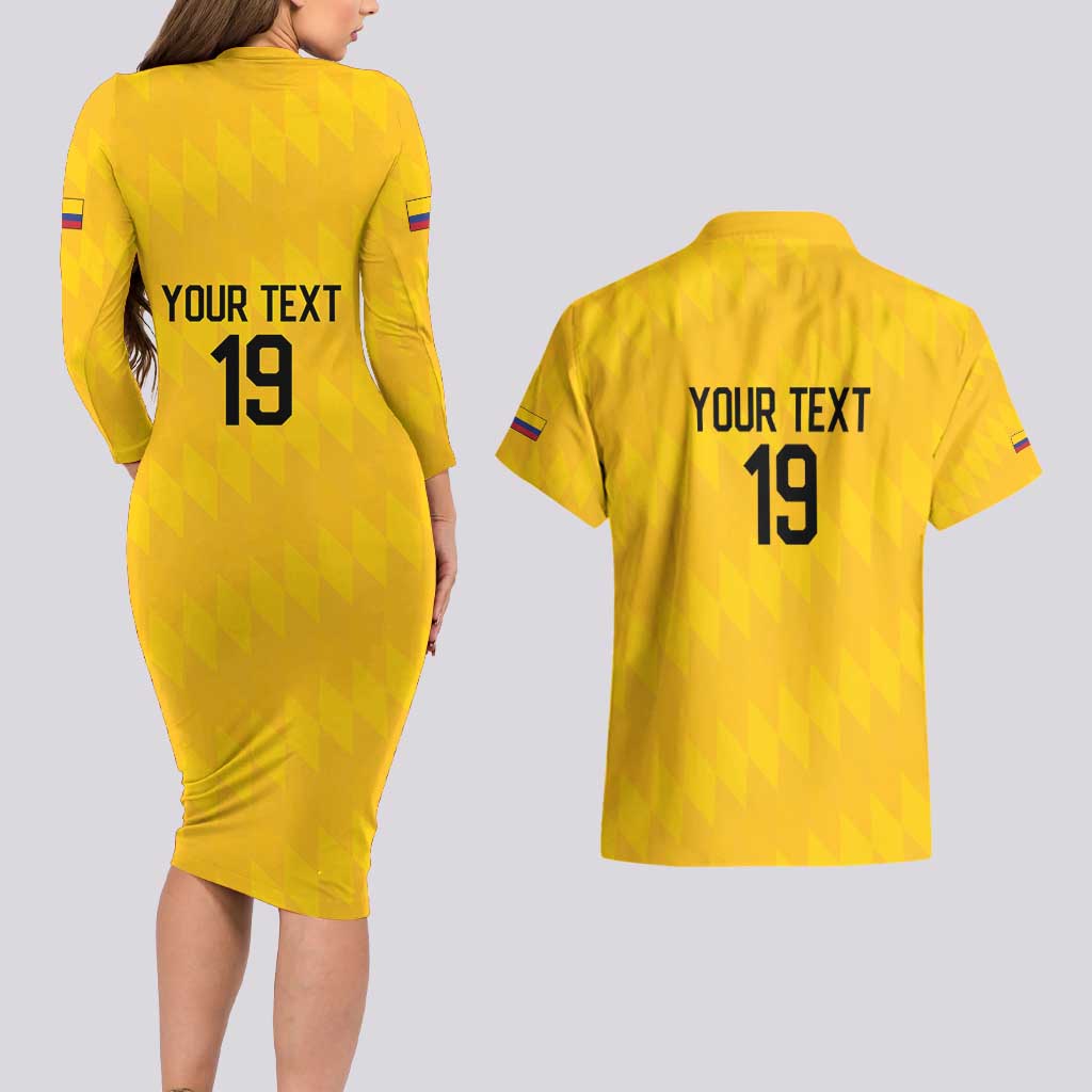 Custom World Football 2026 Colombia Couples Matching Long Sleeve Bodycon Dress and Hawaiian Shirt Vamos Los Cafeteros - Wonder Print Shop