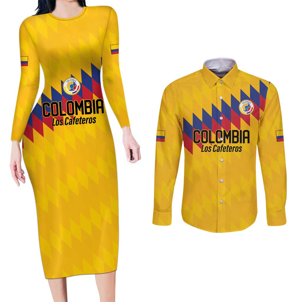 Custom World Football 2026 Colombia Couples Matching Long Sleeve Bodycon Dress and Long Sleeve Button Shirt Vamos Los Cafeteros - Wonder Print Shop