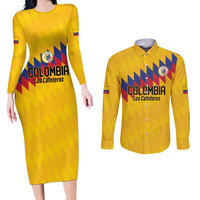 Custom World Football 2026 Colombia Couples Matching Long Sleeve Bodycon Dress and Long Sleeve Button Shirt Vamos Los Cafeteros - Wonder Print Shop