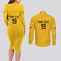 Custom World Football 2026 Colombia Couples Matching Long Sleeve Bodycon Dress and Long Sleeve Button Shirt Vamos Los Cafeteros - Wonder Print Shop