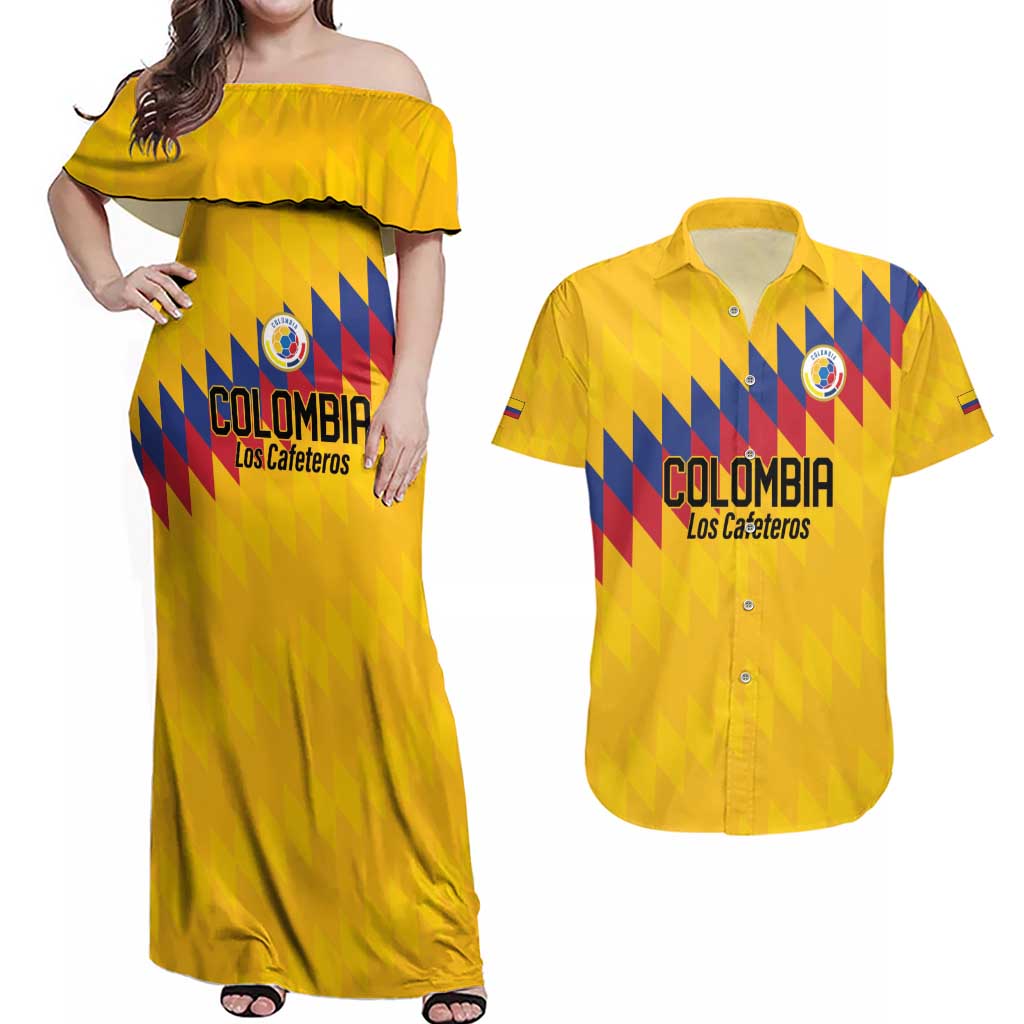 Custom World Football 2026 Colombia Couples Matching Off Shoulder Maxi Dress and Hawaiian Shirt Vamos Los Cafeteros - Wonder Print Shop