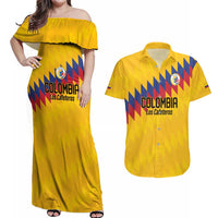 Custom World Football 2026 Colombia Couples Matching Off Shoulder Maxi Dress and Hawaiian Shirt Vamos Los Cafeteros - Wonder Print Shop