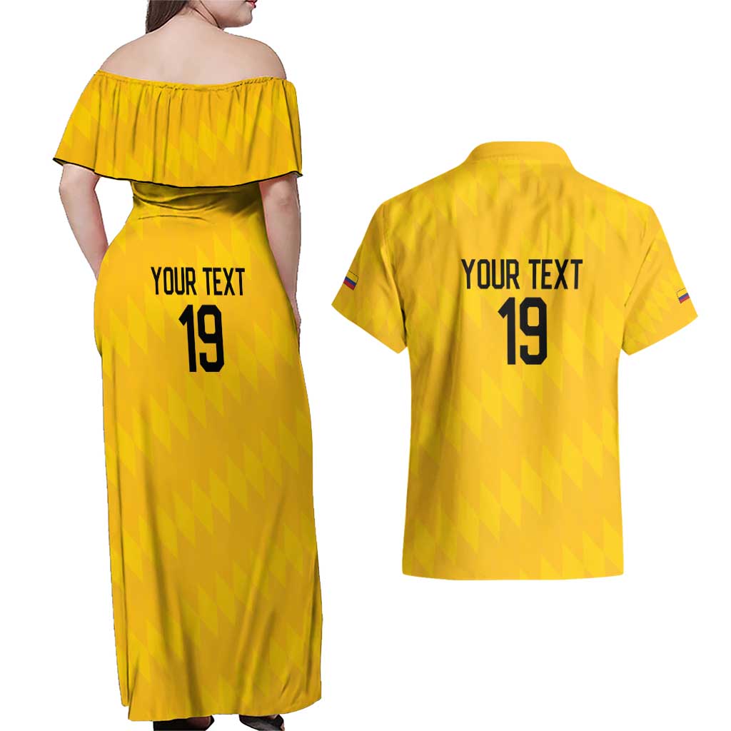 Custom World Football 2026 Colombia Couples Matching Off Shoulder Maxi Dress and Hawaiian Shirt Vamos Los Cafeteros - Wonder Print Shop
