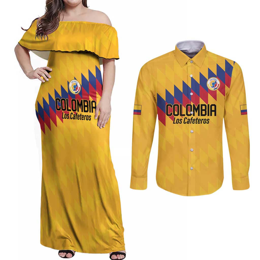 Custom World Football 2026 Colombia Couples Matching Off Shoulder Maxi Dress and Long Sleeve Button Shirt Vamos Los Cafeteros - Wonder Print Shop