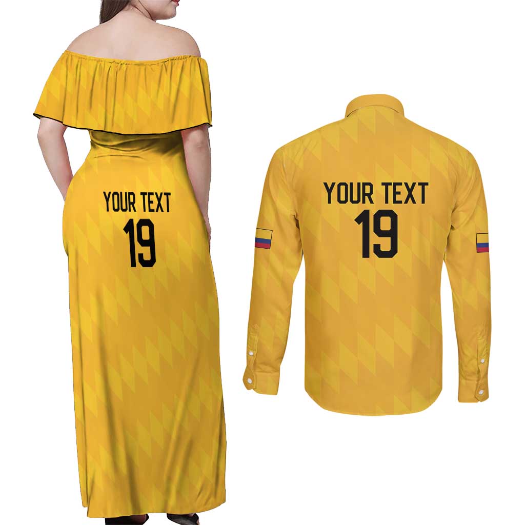 Custom World Football 2026 Colombia Couples Matching Off Shoulder Maxi Dress and Long Sleeve Button Shirt Vamos Los Cafeteros - Wonder Print Shop