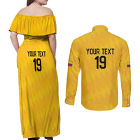 Custom World Football 2026 Colombia Couples Matching Off Shoulder Maxi Dress and Long Sleeve Button Shirt Vamos Los Cafeteros - Wonder Print Shop