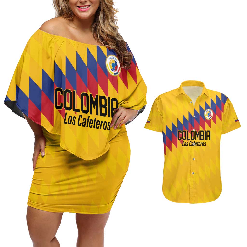 Custom World Football 2026 Colombia Couples Matching Off Shoulder Short Dress and Hawaiian Shirt Vamos Los Cafeteros - Wonder Print Shop