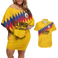 Custom World Football 2026 Colombia Couples Matching Off Shoulder Short Dress and Hawaiian Shirt Vamos Los Cafeteros - Wonder Print Shop