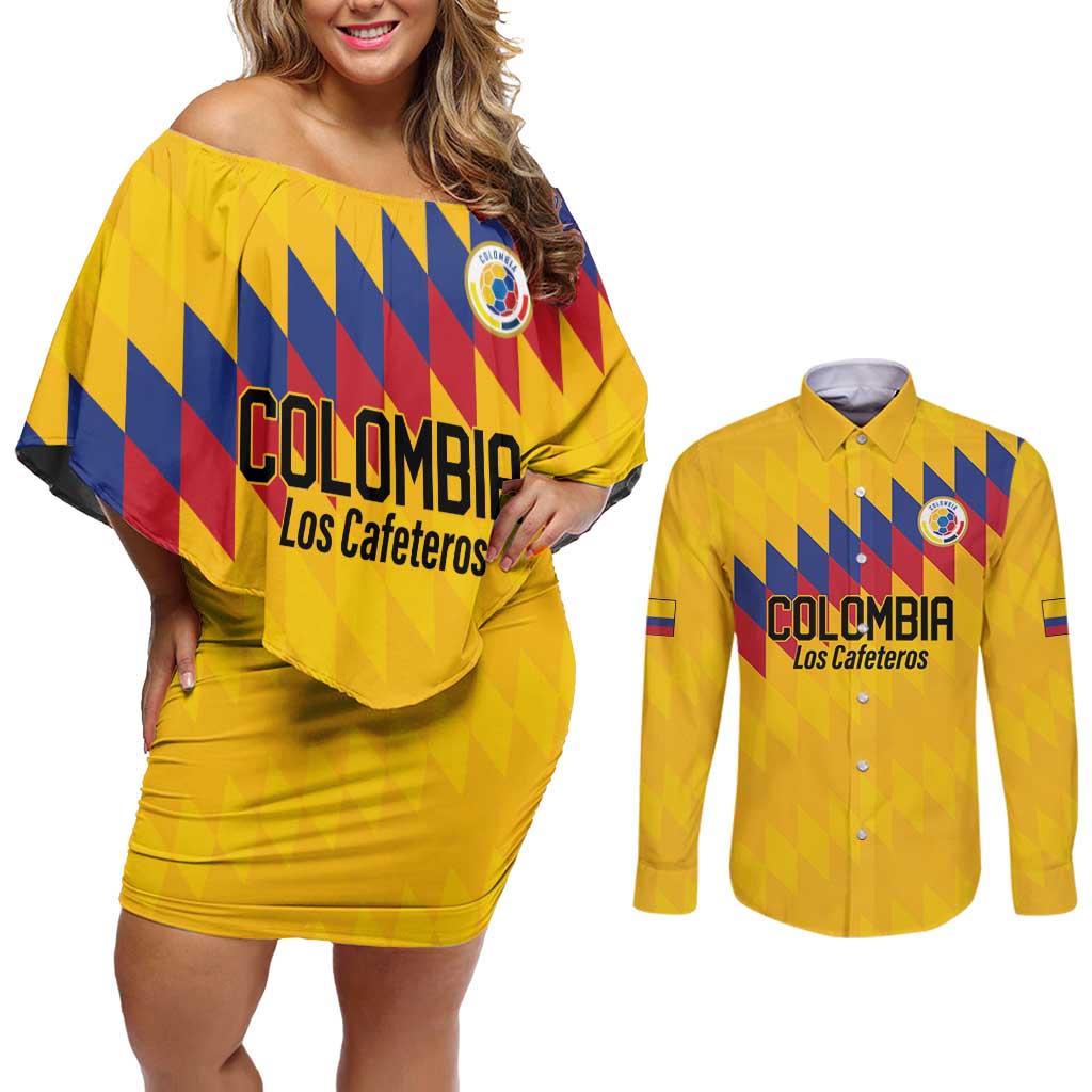 Custom World Football 2026 Colombia Couples Matching Off Shoulder Short Dress and Long Sleeve Button Shirt Vamos Los Cafeteros - Wonder Print Shop