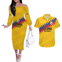 Custom World Football 2026 Colombia Couples Matching Off The Shoulder Long Sleeve Dress and Hawaiian Shirt Vamos Los Cafeteros - Wonder Print Shop